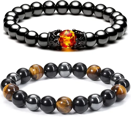 Jovivi Pulsera de piedra de ojo de tigre de obsidiana negra de hematita para hombres y mujeres, de 0.394in, cuentas de piedras preciosas redondas