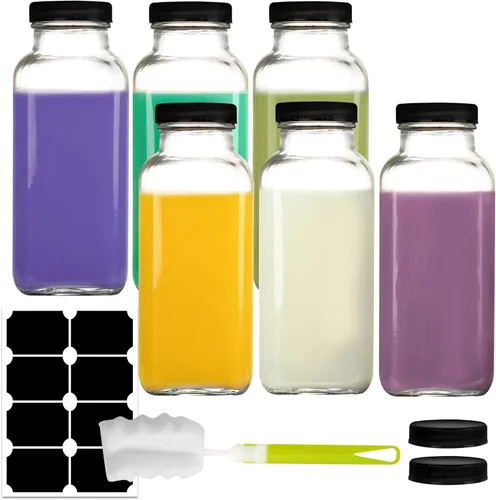 Miniatura 8 de Paquete de 6 botellas de vidrio de 8 onzas, botellas de agua cuadradas de vidrio de 8.5 fl oz con tapas, tarros vacíos reutilizables con etiquetas
