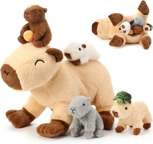 Miniatura 7 de Peluches Capybara 5 en 1 con bebés en el interior, 15.75 pulgadas Capybara Mommy con 4 lindos bebés, almohada de felpa para niñas, niños, regalos