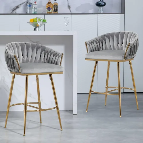 Juego de 2 taburetes de bar de altura de mostrador de 26 pulgadas, taburete de bar de terciopelo para isla de cocina con respaldo ondulado, base Gris