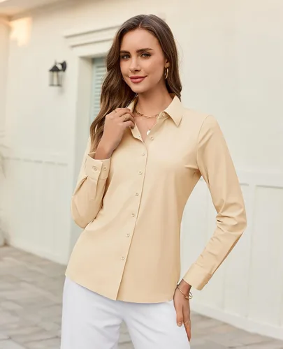 Miniatura 3 de Camisa con botones para mujer, ajustada, elástica, sin arrugas, para mujer, de manga larga, con cuello, blusa de trabajo para uso casual