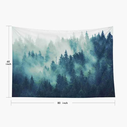 Miniatura 4 de EMMTEEY Tapiz de pared con bosque - Árbol de pino verde y niebla, arte de pared natural, 80x60 pulgadas, tapiz grande de estilo bohemio para sala