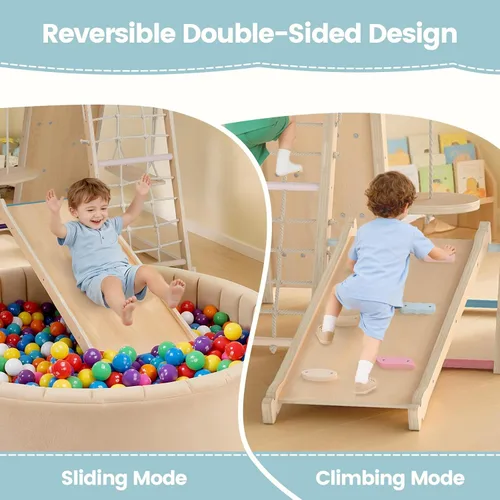 Miniatura 6 de OLAKIDS Gimnasio de la selva para interiores, juguetes Montessori de madera para escalada para bebés 9 en 1 con rampa ajustable de 2 columpios, red