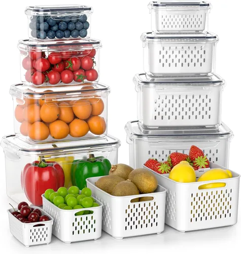 Contenedores de almacenamiento de frutas para refrigerador con colador extraíble, paquete de 8 recipientes de frutas para refrigerador con placa