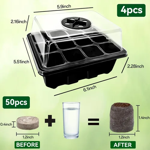 Miniatura 5 de Halatool Paquete de 4 bandejas de inicio de semillas con 50 pellets de turba, 48 celdas de color negro, bandejas de inicio de semillas para semillas