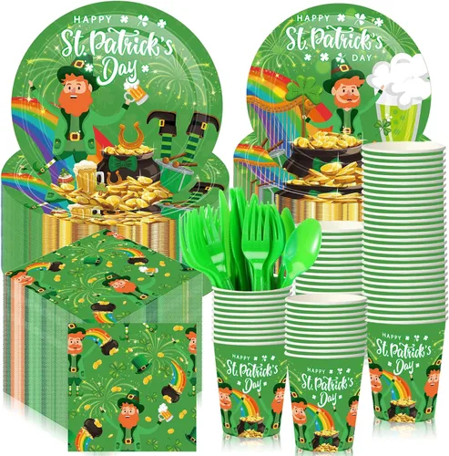 Miniatura 8 de 210 piezas de suministros para fiesta del Día de San Patricio, platos, servilletas, vasos, trébol irlandés, fiesta, desechables, platos de postre