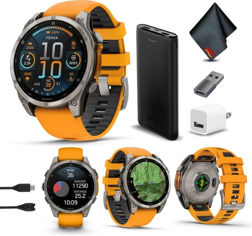 Garmin Fenix 8 47MM AMOLED Zafiro Premium Multisport GPS Smartwatch de Titanio con Banda de Silicona Spark Orange/Grafito, Linterna LED Integrada,