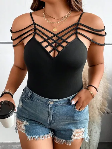Miniatura 5 de SOLY HUX Women's Plus Size Bodysuit Criss Cross Front Spaghetti Strap Cami Bodysuit Tops