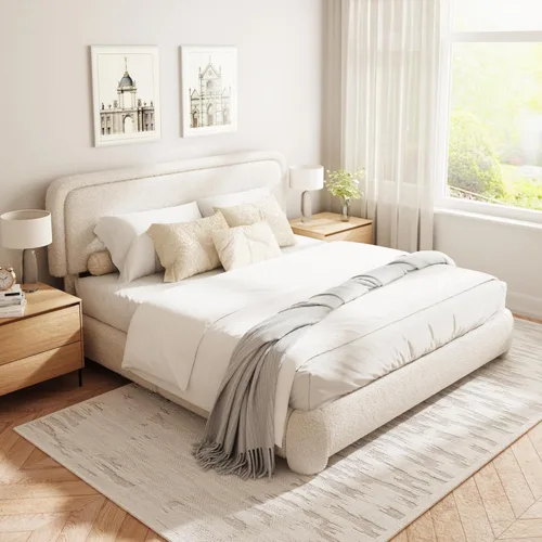 Miniatura 11 de Base de cama Boucle tamaño King, plataforma tapizada en nube con cabecero ajustable en altura y esquinas redondeadas suaves, no necesita somier, sin