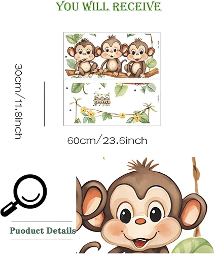 Miniatura 5 de Calcomanías de pared con diseño de mono, diseño de animales de dibujos animados de sacinora removibles para niños, guardería, sala de estar