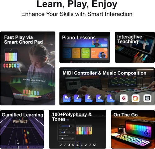Miniatura 2 de Teclado de piano inteligente Popupiano, teclado de piano digital de 59 teclas para principiantes, luces LED arcoíris y aplicaciones gratuitas, 256