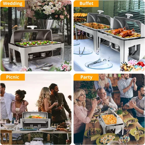 Miniatura 2 de ROVSUN Juego de 3 platos de bufé con tapa enrollable, 9 cuartos de galón de acero inoxidable NSF rectangular para catering, servidores de bufé