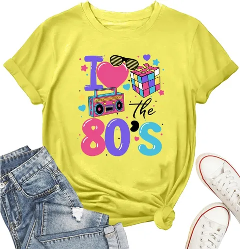 80's Shirts for Women 80s Neon Music Graphic T-Shirt Hip Hop 80S Party Outfits Girls I Love The 80's T-Shirt
