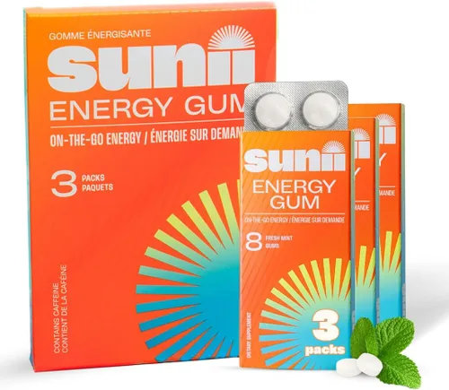 Miniatura 12 de Sunii - Goma de Mascar Energética - Impulso Rápido de Energía y Enfoque - Goma de Mascar con 50mg de Cafeína, Sabor a Menta Fresca - Vitaminas B6