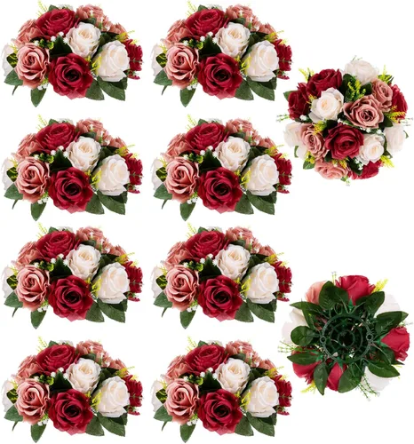 Miniatura 24 de BLOSMON Bolas de flores, centros de mesa de rosas de boda: 2 piezas de flores falsas carmesí decoración de bolas de besos Arreglos florales