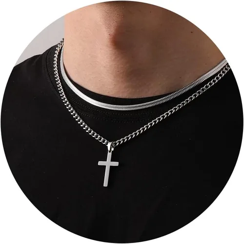 Zocomi Collar de cruz para hombres y niños, acero inoxidable en capas de eslabones cubanos con cadena de espiga colgante de cruz cristiana, joyería