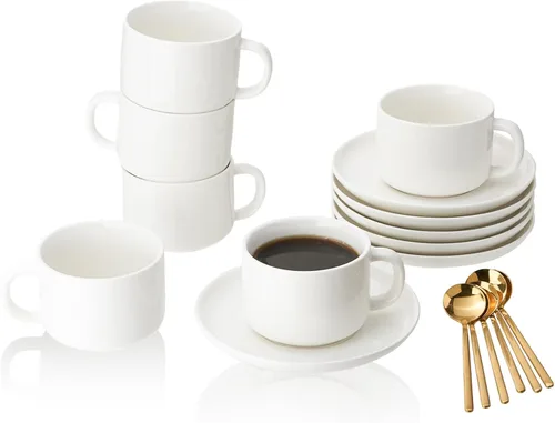 Miniatura 9 de Juego de 6 tazas de capuchino de 8 onzas, tazas de té con platillos y cucharas, tazas de té de cerámica negra, tazas de café para té, capuchino