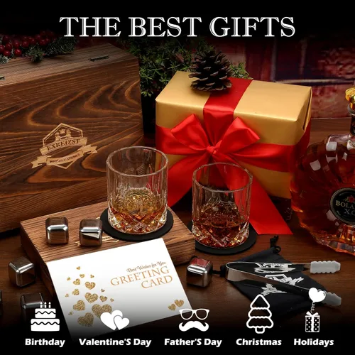 Miniatura 5 de Piedras de whisky, juego de regalo de vidrio de whisky, piedras escalofriantes en caja de madera hecha a mano, fresco sin dilución, juego de 2 vasos