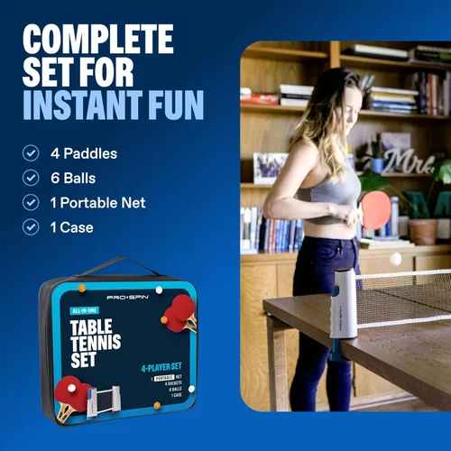 Miniatura 4 de PRO-SPIN Juego de ping pong portátil con red retráctil para cualquier mesa, juego de tenis de mesa todo en uno con paletas de ping pong, pelotas