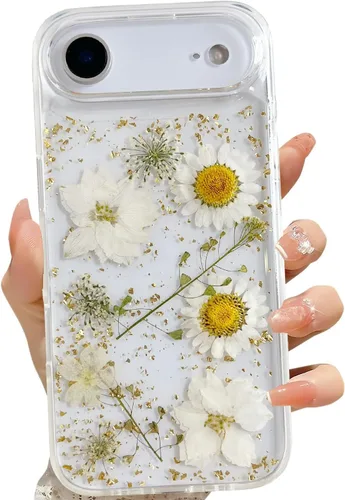 Miniatura 49 de LSEEKA Funda transparente para iPhone 13 Mini/iPhone 12 Mini con diseño de flores reales prensadas, con purpurina, bonito patrón floral blanco, Oro