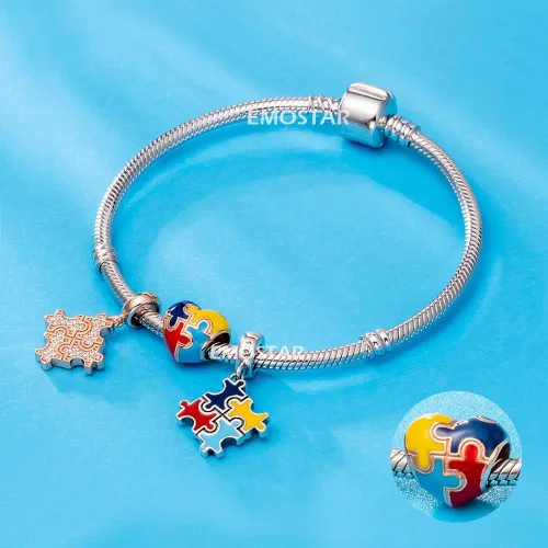Miniatura 7 de Abalorio de concientización sobre el autismo para pulsera europea de bricolaje, plata de ley 925, dijes esmaltados, dijes Live Love Laugh Charms, I