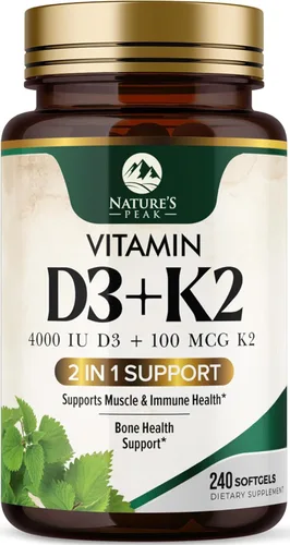 Vitamina D3 K2 - Vitamina D3 4000 UI por cápsula blanda - Suplemento de vitamina D3 de alta potencia - Complejo 2 en 1 Vitamina D y vitamina K2
