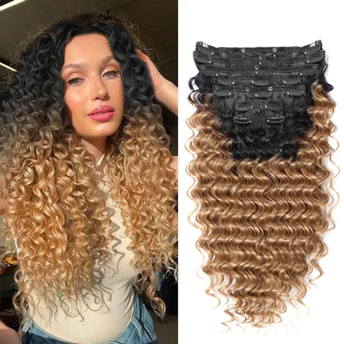 Miniatura 14 de Extensión de cabello humano con clip de onda profunda de 24 pulgadas, postizo de doble trama, sintético para mujeres, extensiones de cabello grueso