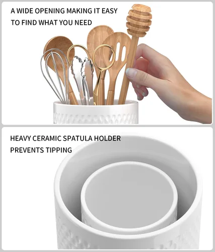 Miniatura 2 de Paquete de 2 organizadores de cerámica para utensilios, soporte grande para espátula, decoración de cocina de estilo granja para cubiertos, cucharas