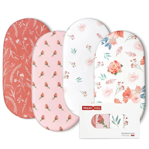 Gllquen Baby Paquete de 4 sábanas de moisés, transpirable y acogedora, sábana bajera elástica para cuna de viaje, patrón floral de moda, sábanas