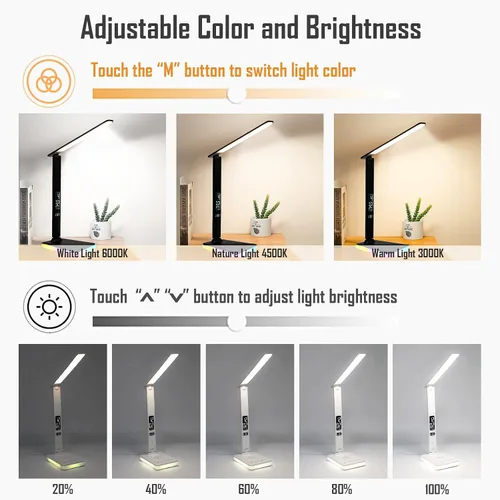 Miniatura 3 de Lámpara de escritorio LED con carga inalámbrica y por cable, luz de mesa plegable, 5 modos de brillo y 3 modos de iluminación, pantalla de tiempo