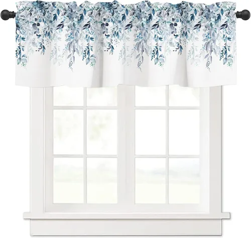 Miniatura 10 de Cortinas Cenefa Verde Salvia Floral Cocina con Bolsillo para Barra Paneles Cortos Acuarela Hojas de Eucalipto Retro Tratamiento de Ventana Cortinas