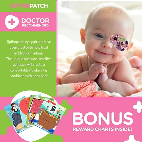 Miniatura 6 de Opthopatch Parches oculares para bebés – Adhesivo extra sensible – Diseño para niñas [Serie I] – 70 unidades + 2 gráficos de recompensa