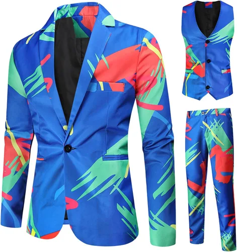 Miniatura 2 de AMTF Conjunto de trajes de blazer para hombre, de moda, casual, estampado, chaleco, pantalones, conjunto de 3 piezas, chaleco y pantalones