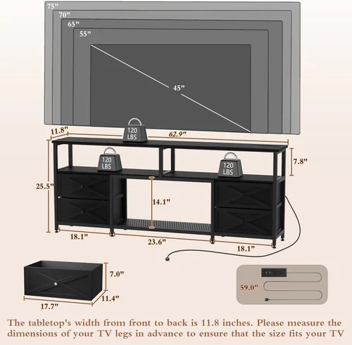 Miniatura 5 de JUSTOGO Soporte de TV con cajones de tela para TV de 65, 70, 75 pulgadas, centro de entretenimiento con estante de almacenamiento abierto, tomas