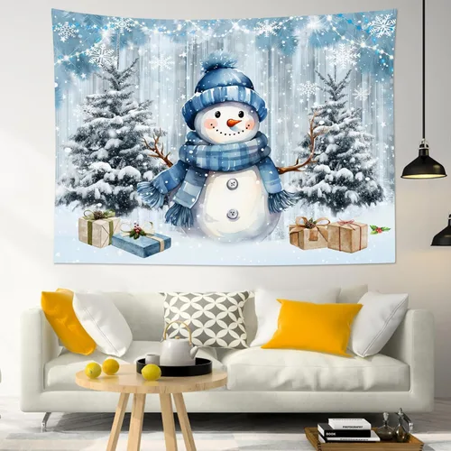 Miniatura 2 de HVEST Tapiz navideño de invierno para colgar en la pared, muñeco de nieve divertido con sombrero azul y tapices de regalo de Navidad, tapiz de pino