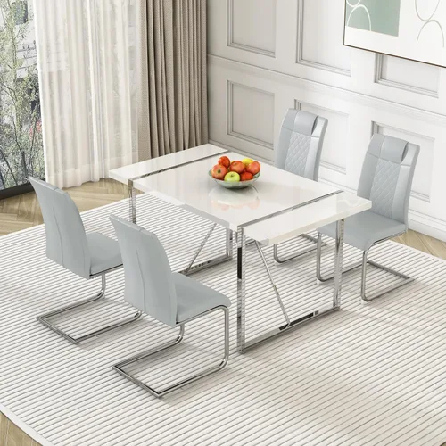 Miniatura 11 de Juego de mesa de comedor para 4, juego de mesa de cocina rectangular de MDF blanco con sillas de comedor de cuero, juego de 4, juego de mesa