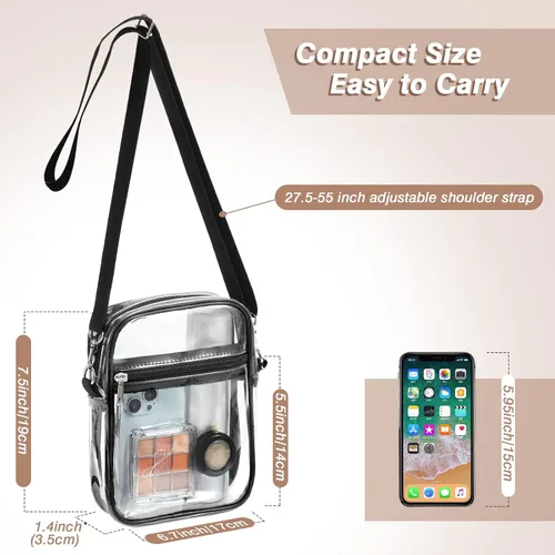 Miniatura 2 de MoKo Bolsa transparente aprobada para estadios, bolsa cruzada transparente, impermeable, bolsillo de PVC, Negro -, Paquete de 2