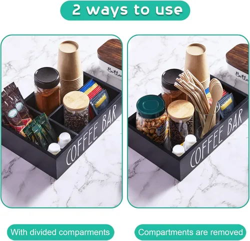 Miniatura 2 de Organizador de estación de café ALELION - Organizador de accesorios de encimera de madera con divisores removibles para cápsulas, condimentos