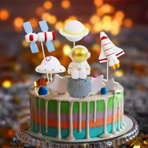 Miniatura 7 de Ercadio 1 pieza de decoración para tartas de niña espacial, luna, estrella, cohete, planeta, decoración de pasteles, espacio de feliz cumpleaños