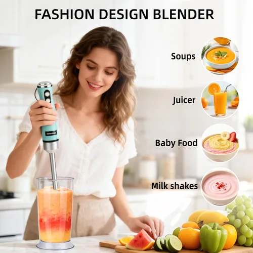 Miniatura 6 de Batidora de mano, potente 4 en 1 600 W con cable de inmersión de mano con accesorio de acero inoxidable, procesador de alimentos pequeño y palo