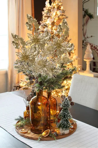Miniatura 6 de 6 piezas de selecciones para árbol de Navidad de 25 pulgadas con purpurina, flores de Pascua con purpurina en aerosoles con flores, hojas de acebo