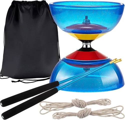 Juego de 6 piezas de juguetes de Diábolo chino incluye 5 pulgadas, cinco rodamientos, juguetes de bola azul Yoyo con 2 palos de aleación, 2 cuerdas
