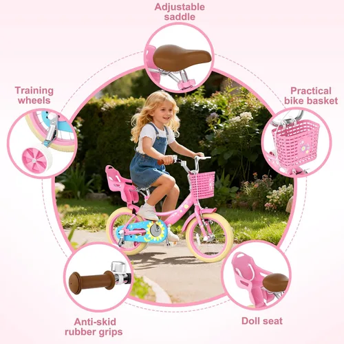 Miniatura 2 de Glaf Bicicleta para niñas de 12, 14, 16, 20 pulgadas, con ruedas de entrenamiento para niños de 2 a 12 años, bicicleta con cesta y asiento
