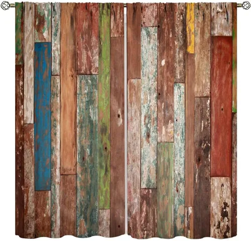 Cortinas de cocina de madera marrón, estilo vintage, rústico, rojo, azul, estilo abstracto, de tela de poliéster, para dormitorio, sala de estar,