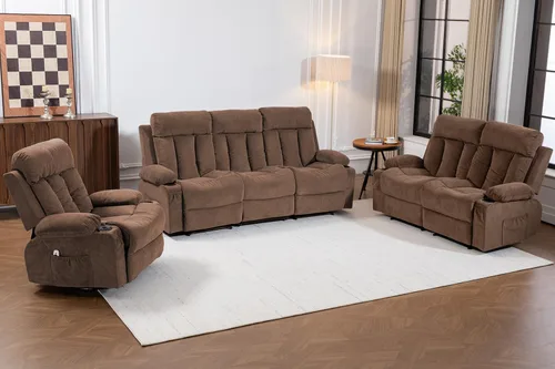 Miniatura 20 de Juego de sofá reclinable manual, 3 piezas con bolsillos laterales, portavasos para cine en casa, oficina (azul, sofá biplaza+silla)