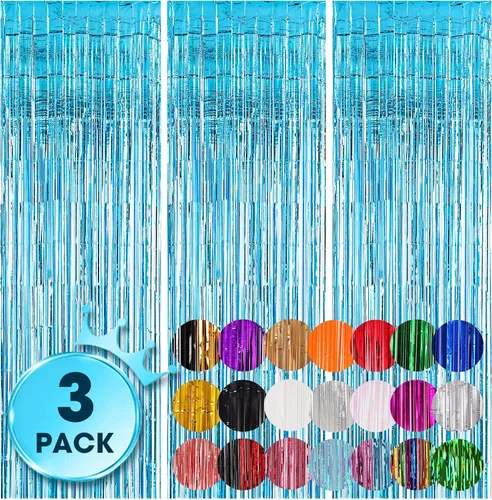 Miniatura 22 de Voircoloria - Cortinas de fondo de flecos de papel de aluminio para fiestas, 3 piezas, 39.6 x 98.4 pulgadas, azul retro 48 Retro Azul