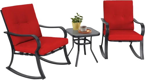 Juego de 3 sillas mecedoras para exteriores, juego de muebles de patio, mesa de centro con tapa de vidrio y sillas de hierro negro con cojines Rojo