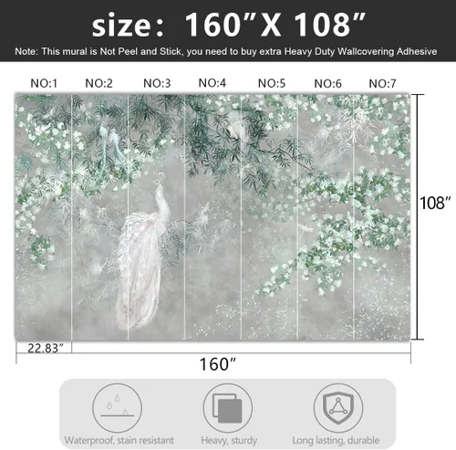 Miniatura 4 de Papel pintado de hojas verdes botánicas de pavo real de tela para sala de estar, dormitorio, baño, planta gris, mural grande de pared - 160"x108