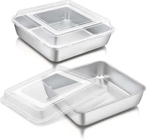 Miniatura 8 de P&P CHEF Molde cuadrado para hornear pasteles con tapa, bandeja de brownie de lasaña de acero inoxidable y cubierta de plástico para picnic, boda