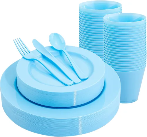Miniatura 30 de KIRE - 30 platos de plástico azul con borde dorado y cubiertos desechables, vasos azules y servilletas de mano, vajilla de plástico azul Rosa claro